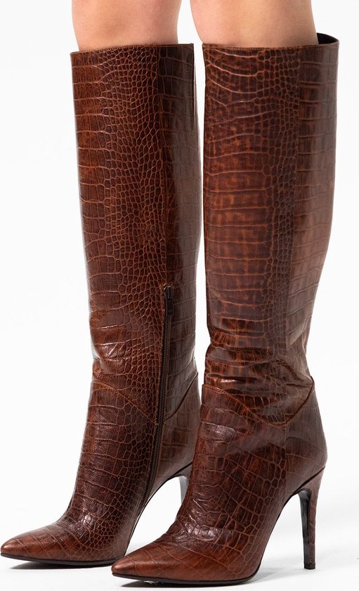 Sacha - Dames - Cognac hoge leren laarzen met crocoprint - Maat 38