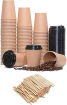 Tasse à café en carton 8 oz 240 ml marron + couvercles noirs - 100 pièces - Gobelets en papier jetables - Gobelets en karton- Respectueux de l'environnement