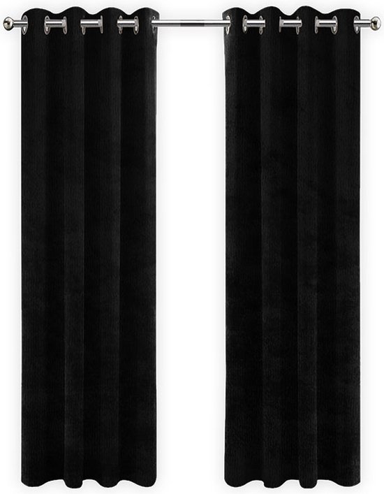 Gordijnen Zwart Velvet Kant en klaar 290x270cm - Kant en klare gordijnen met ringen Velours - Fluwelen Verduisterende gordijnen