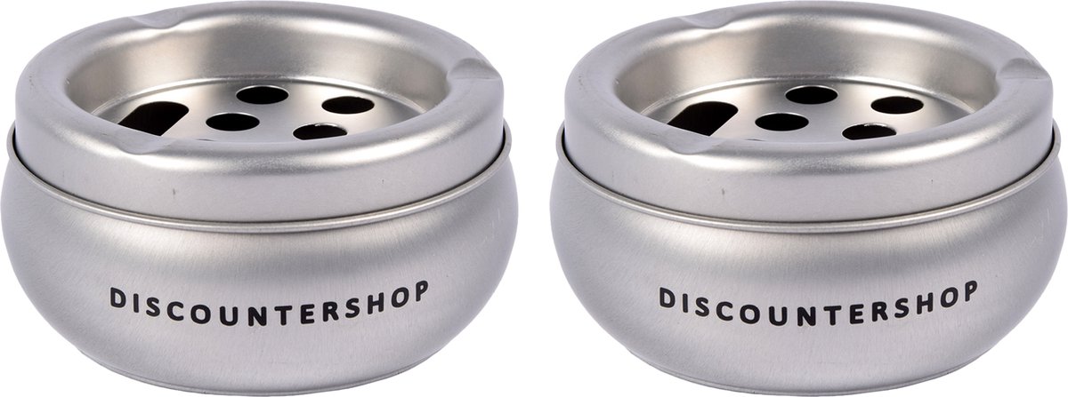 Goedkoopste Discountershop Set van 2 Trendy Aluminium Terrasasbak voor Buiten - Zilveren Metaal - Perforatie Deksel - Stijvolle Tafelaccessoire - 10cm Diameter
