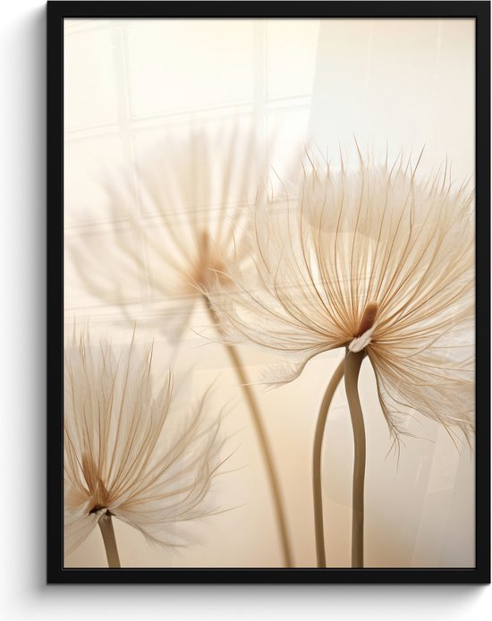 Abstracte close-up van drie beige pampasgrassen in een zwart frame, op een witte achtergrond.