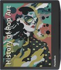 E-reader met "History Of Pop Art" cover met abstracte gezichtsillustratie.