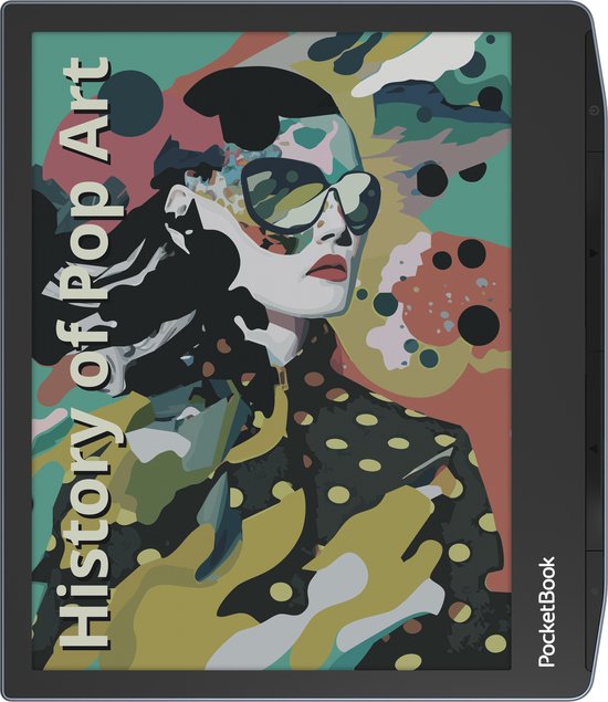 E-reader met "History Of Pop Art" cover met abstracte gezichtsillustratie.
