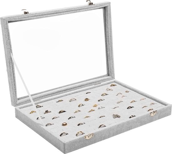 Bastix - Grijze ringbox, opbergdoos voor sieraden, fluwelen box, display met 100 vakken en deksel, vitrine-organizer met transparant glazen deksel voor ringen, manchetknopen en oorbellen