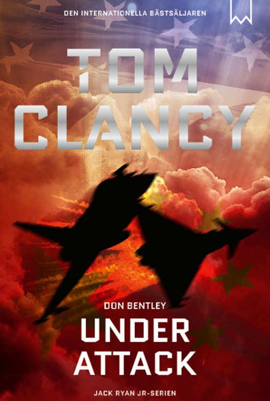 Boekomslag van Tom Clancy's 'Under Attack', met silhouetten van straaljagers tegen een rode vlag-achtergrond met sterren.