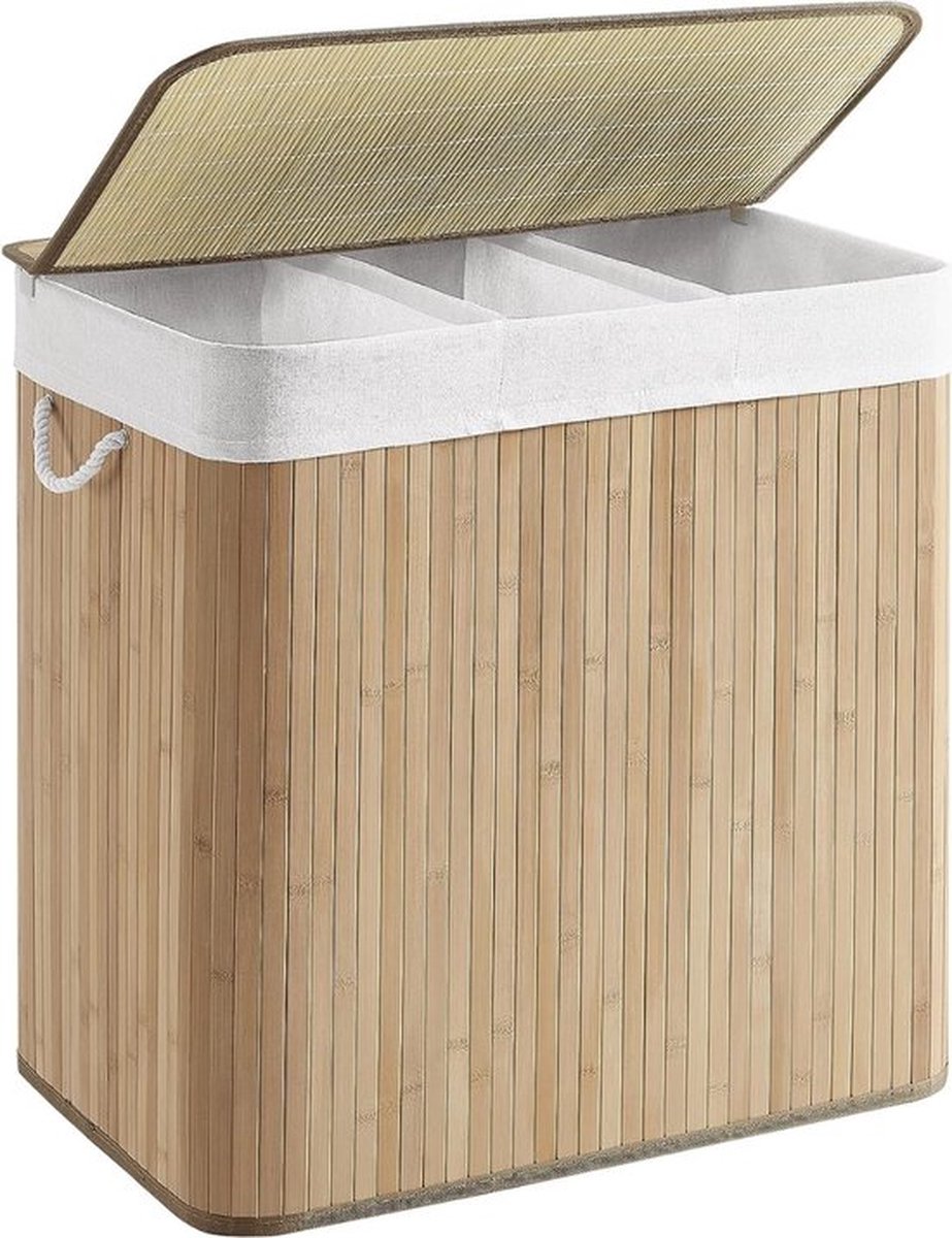 Stellar Bamboe Wasmand - Wasmand, 150L, wasbox met deksel, wassorteermachine, van bamboe, met handvatten, 3 compartimenten, opvouwbaar, katoen, waszak machinewasbaar, wasruimte, Natuurlijk kleur