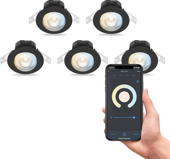 Calex Slimme Inbouwspots - Set van 5 stuks - Smart LED Downlight Dimbaar - Kantelbaar - Warm Wit Licht - Zwart