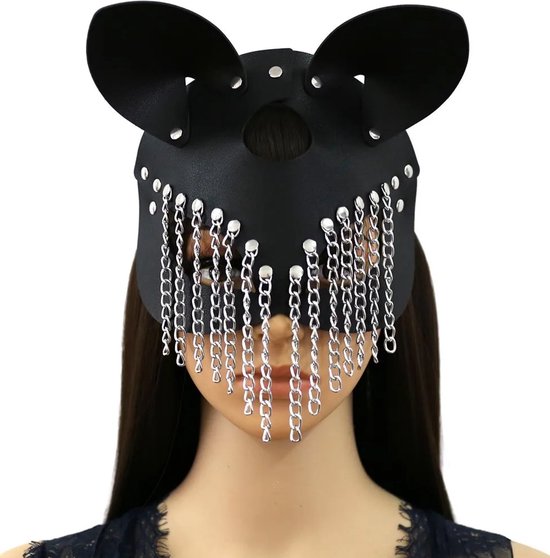 Erotische BDSM Masker Kat - Inclusief sexy kettingen - One size - Verstelbaar - PU Leder - Oogmasker - Gezicht bondage