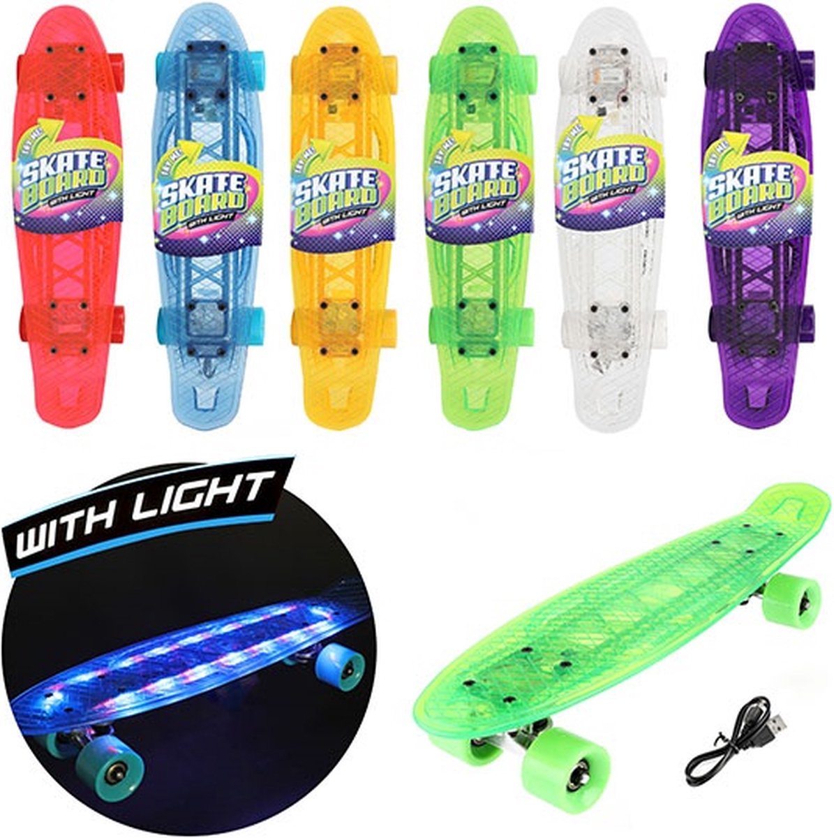 Skateboard met licht 55cm 6 ass. 62353Z