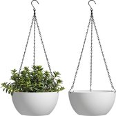 Bloempot, hangend, plastic, set van 2, diameter 25 cm, hangpot voor planten, wit, bloemenhanger met haak, rond, voor binnen en buiten, decoratieve hangend, hangpot voor planten thuis, kantoor,