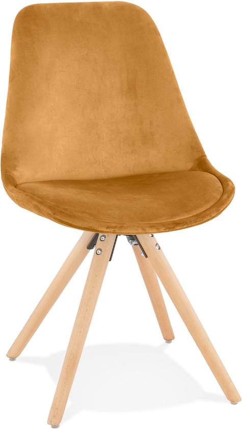 Alterego Vintage stoel 'RICKY' in mosterd fluweel en poten in natuurkleurig hout