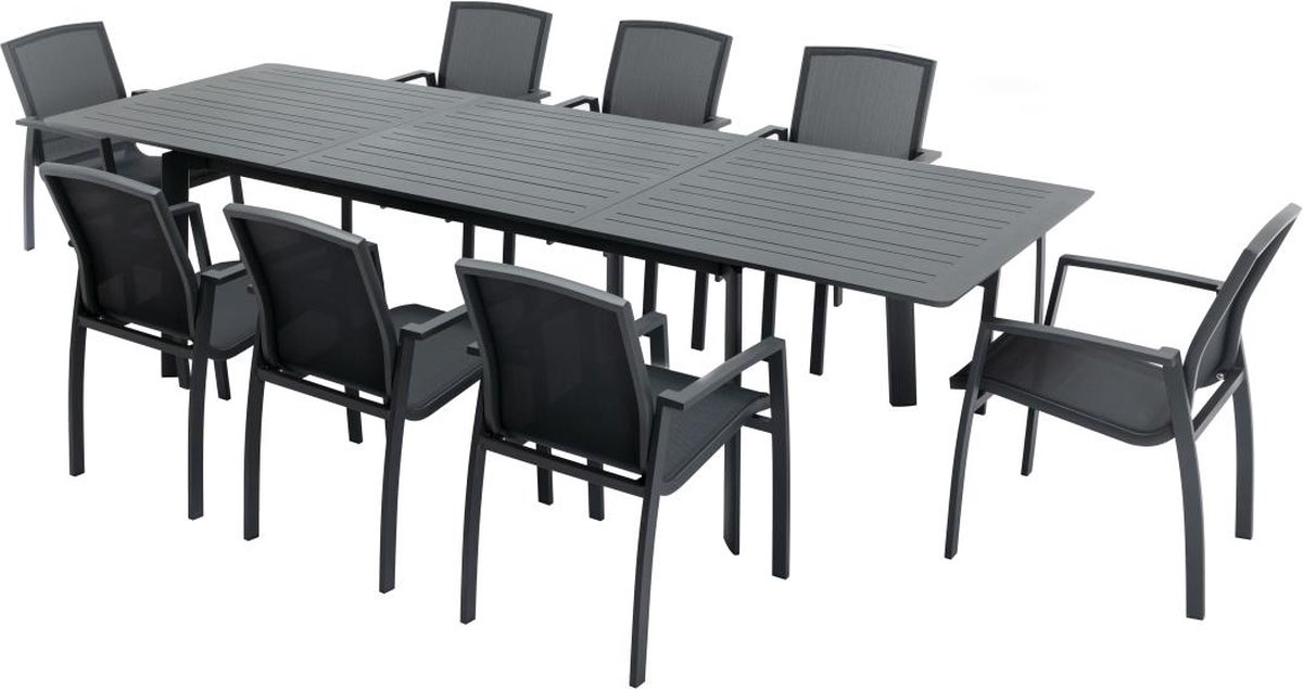 MYLIA Tuineetset van aluminium en textileen: een verlengbare tafel L200/300 cm en 8 opstapelbare fauteuils - Antraciet - MILLAU van MYLIA L 300 cm x H 89 cm x D 102.5 cm
