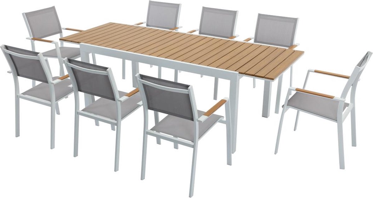 MYLIA Tuineetset van aluminium en polywood: een verlengbare tafel L170/230 cm en 8 opstapelbare fauteuils - Licht naturel en grijs - MACILA van MYLIA L 230 cm x H 90 cm x D 90 cm