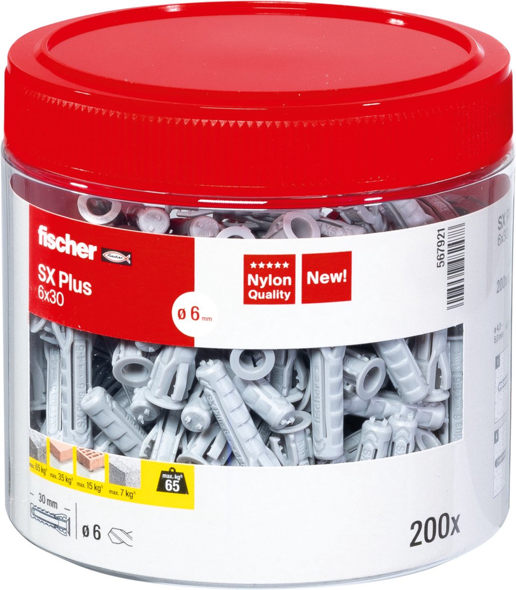 fischer SX Plus 6×30 – nylon plug voor beton en metselwerk | 200 stuks