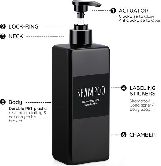 Jinsion 3 stuks 500 ml zeepdispenser, shampoo, flessen om te vullen, douchegeldispenser, mat, zwart, kunststof, zeepdispenser, pompdispenser voor vloeibare zeep