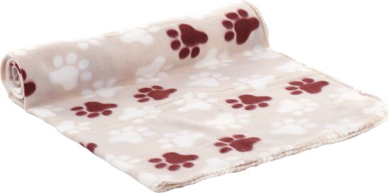 Crèmekleurige fleecedeken met een patroon van bruine en witte pootafdrukken.