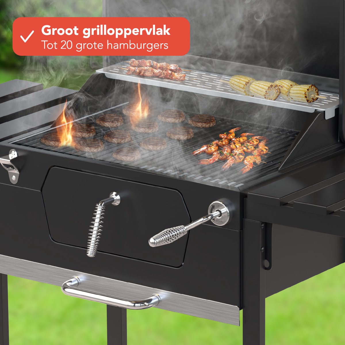 KitchenBrothers Houtskool BBQ - Smoker Barbecue - Verstelbaar Kolenrooster - PFAS Vrij - 42x57cm Grilloppervlak - Zijpanelen - Zwart – foto 4