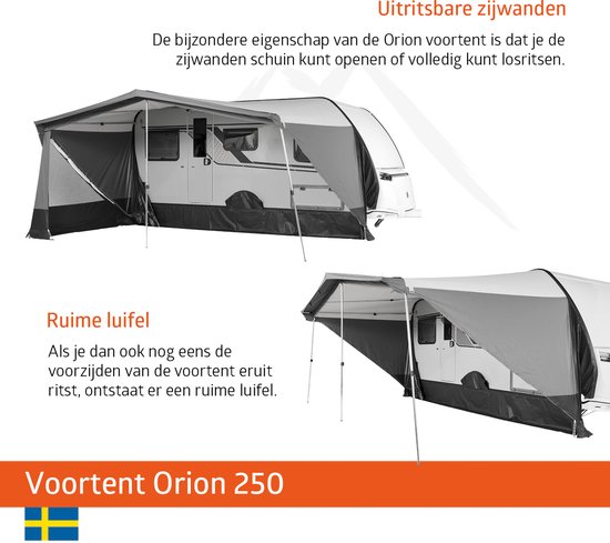 Campout voortent Orion 250 - Luifel - Zonneluifel - Zonwering - Caravan - Schroefloze Bevestiging - Inclusief Tochtstrook, Wielflap, Tentharingen, Ladderspanners en Opbergtas - YKK ritsen - Naadloos Dak - Omloopmaat 876-900 cm - Lichtgrijs van Campout — afbeelding 2