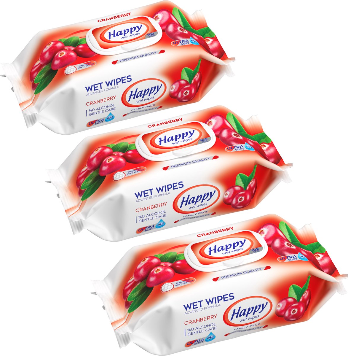 Goedkoopste Happy Wet Wipes Cranberry 3 x 102 vochtige reliëf doeken PH 5.5 gebalanceerd.