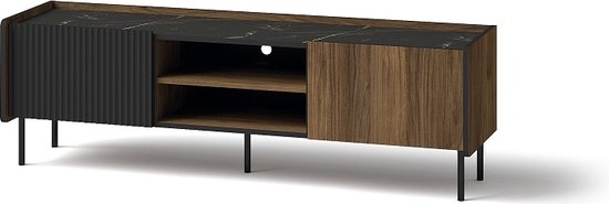 Prestigo P7 - TV-meubel - staand - 150 cm - op hoge poten - industrieel - ruim - planken - gegroefde voorkant - zwart - walnoot - Maxi Maja