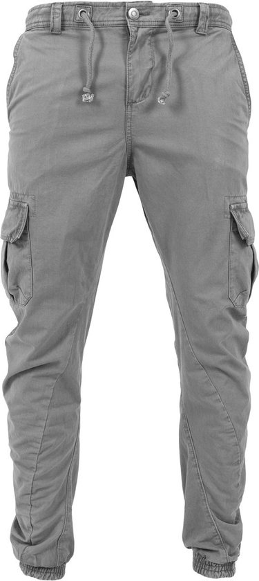 Grijze cargo broek met zakken, trekkoord en elastische tailleband.