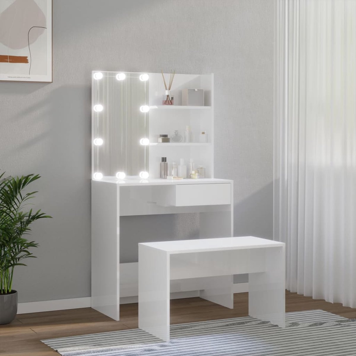 GranMaison Kaptafel met spiegel en verlichting - Make up tafel - Make up - Toilettafel -Met lades - Bankje - 74,5 x 40 x 141 cm - Hoogglans wit