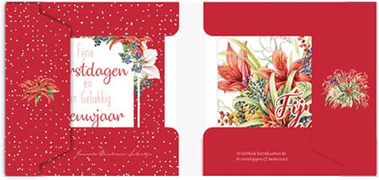 Grijze verpakking met rode insteekvakken. Kaarten met winterboeket en 'Fijne Feestdagen!'.