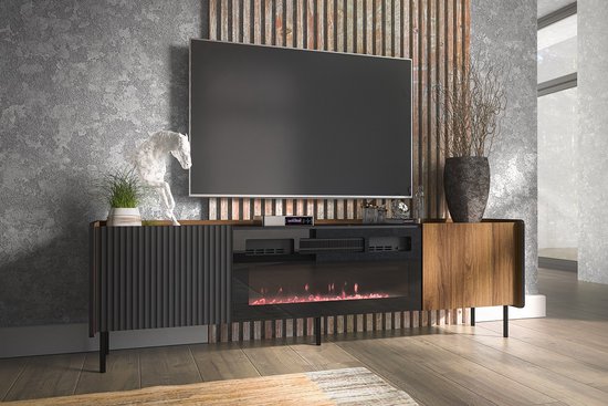 Prestigo P17 TV-meubel met elektrische haard - staande kast - hoge poten - haard 3 kleuren - 180 cm - industrieel - woonkamermeubel - Maxi Maja