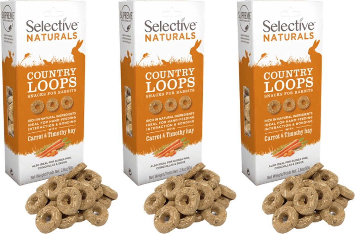 Supreme Selective Naturals Country Loops - Konijnensnack - Wortel/Hooi - 3 verpakkingen van 80 gram