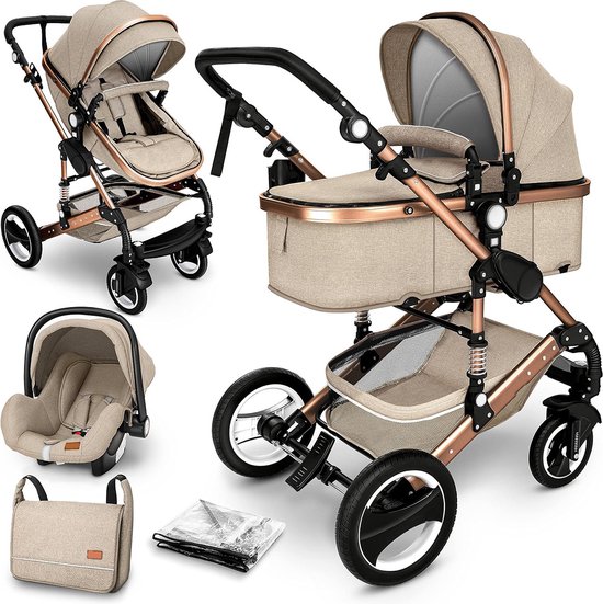 3 in 1 combi-kinderwagen - Beige/koper/goud - Buggy inclusief autostoeltje - Regenhoes- Inklapbaar - Wandelwagen - Kinderstoel auto