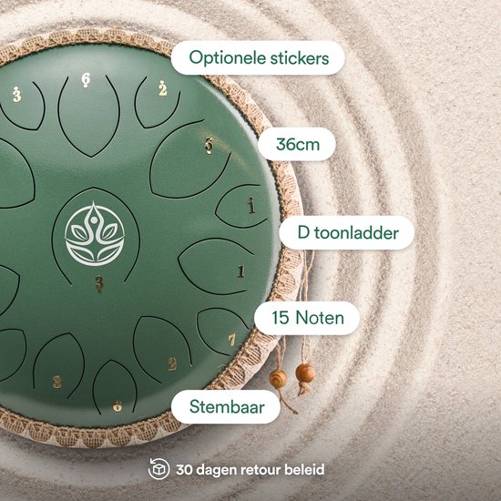 Ohana Drums® Handpan 36 cm Jade Groen - Tongue drum - Klankschaal - 15 noten - Handpan - Tong Drum - Klankschalen - Yoga Drum - Lotus Tong - Steeldrum - Muziektherapie van Ohana Drums — afbeelding 2