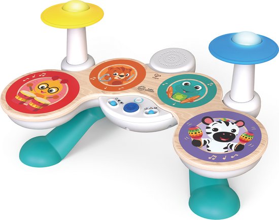 Houten drumstel met 4 trommels met dierenprints: leeuw, kikker, zebra en uil. Gele en blauwe lampjes.