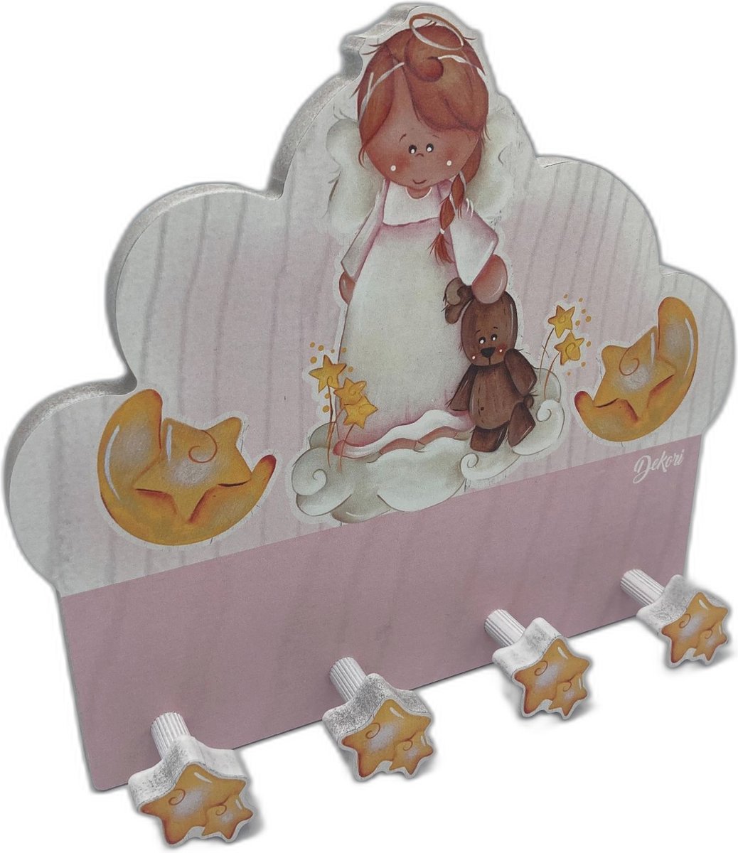 Dekori Kinderkapstok Wandkapstok- Italiaans Design Hout 4 haken 25 x 22 cm Kinderkamer Engeltje met Beer