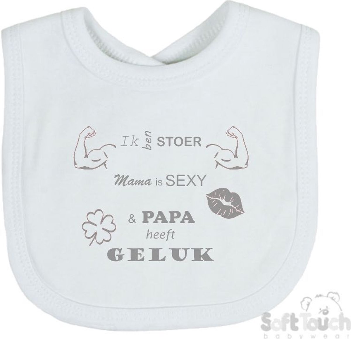 Goedkoopste Soft Touch Slabber Slabbetje Slab 2.0 Ik ben stoer Mama is sexy Papa heeft geluk Unisex Katoen Wit/grijs Maat 33x22 Cm