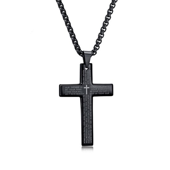 Fako Bijoux® - Cubaans Kruis Voor Mannen - Ketting Met Kruis - Heren Ketting - Holy Cross - 29x45mm - 60cm - 2mm - Stainless Steel - RVS - Staal - Zwart