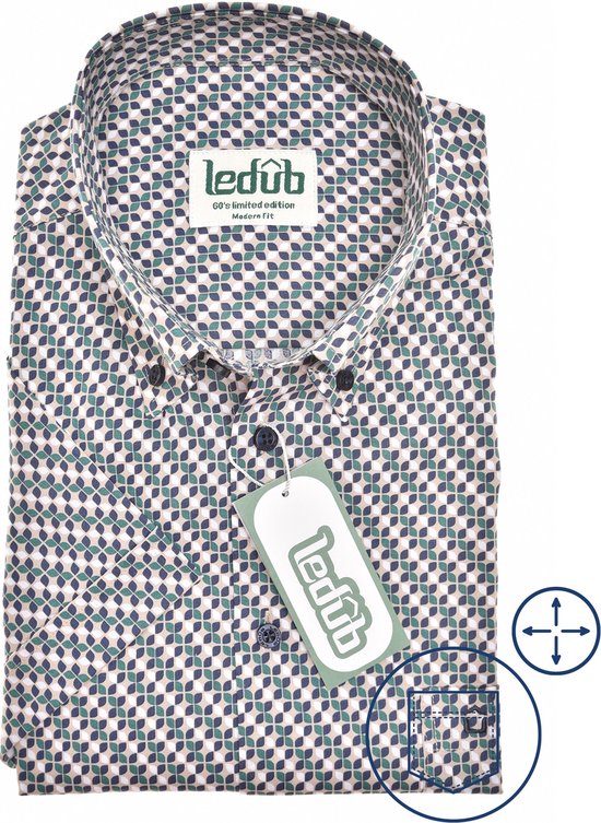 Chemise Ledub modern fit - manches courtes - popeline - motif vert moyen - Repassage facile - Taille de col : 48