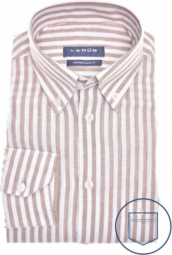 Ledub modern fit overhemd - lichtbruin met wit gestreept - Strijkvriendelijk - Boordmaat: 39