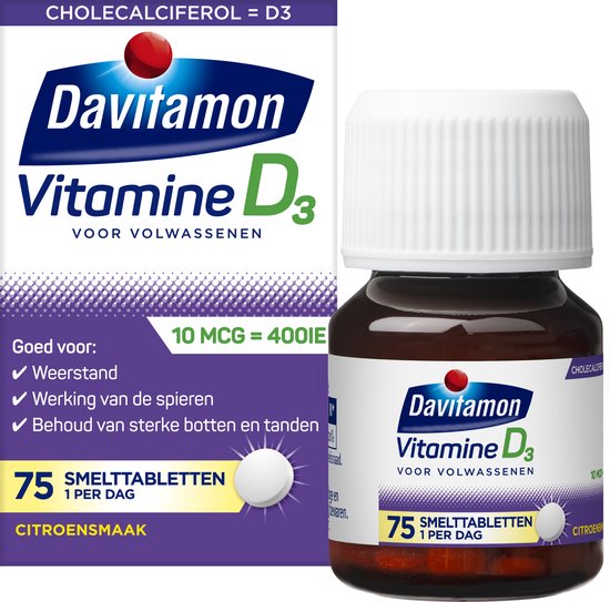 Davitamon Vitamine D3 voor volwassenen, 75 smelttabletten met citroensmaak. Goed voor weerstand, spieren en sterke botten/tanden. 10 MCG = 400IE.
