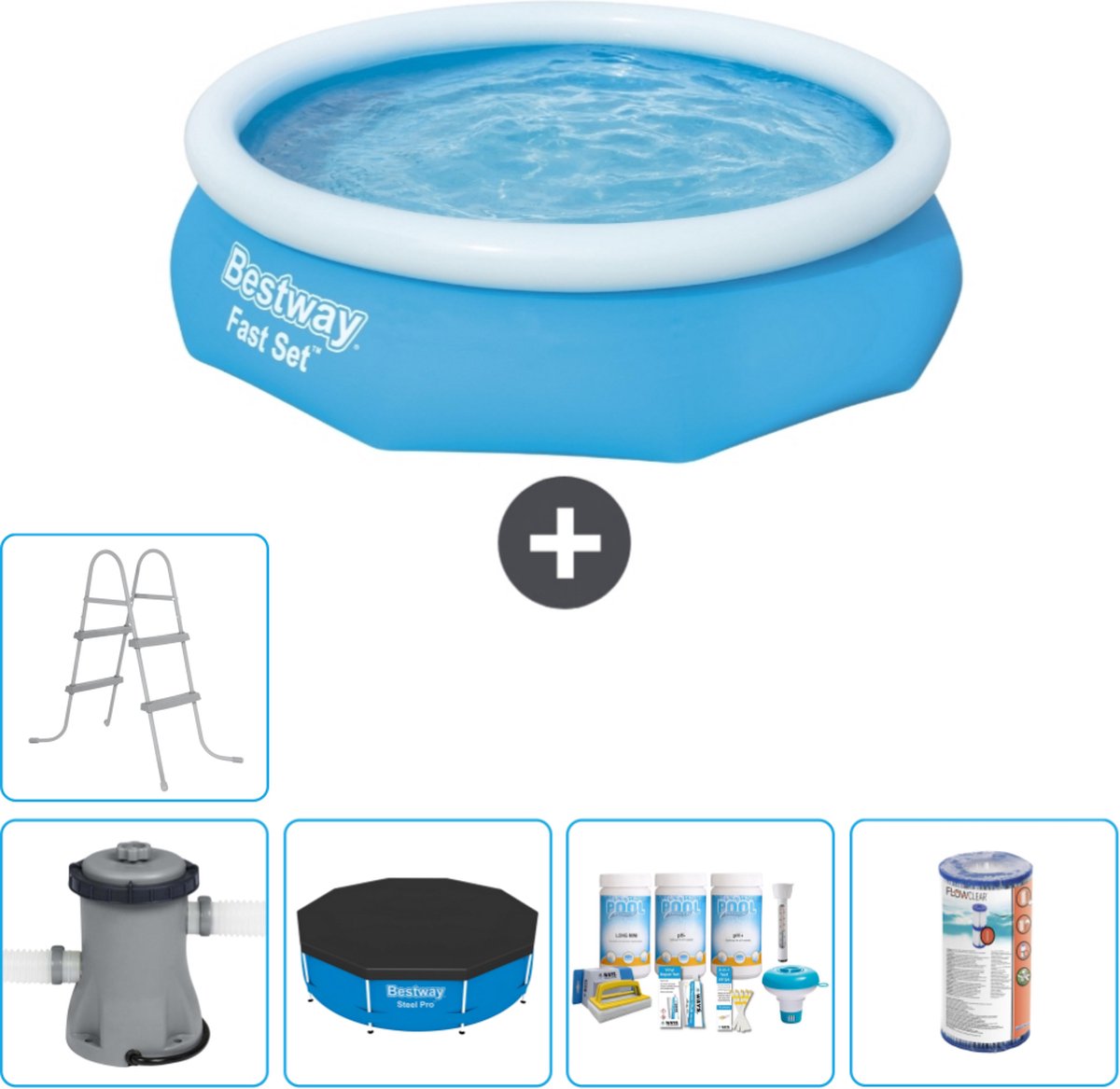 Bestway Rond Opblaasbaar Fast Set Zwembad - 305 x 76 cm - Blauw - Inclusief Pomp Afdekzeil - Onderhoudspakket - Filter - Ladder
