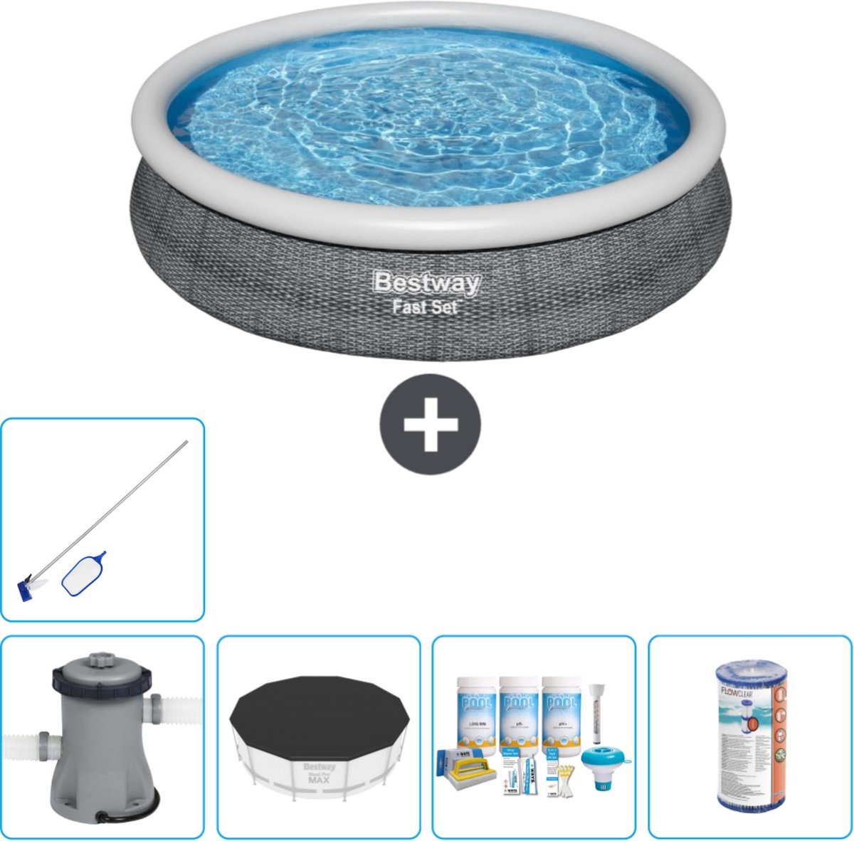 Bestway Rond Opblaasbaar Fast Set Zwembad - Rotanprint - 366 x 76 cm - Inclusief Pomp Afdekzeil - Onderhoudspakket - Filter - Schoonmaakset