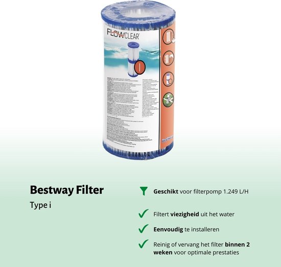Bestway Type i filtercartridge voor filterpompen met 1249 L/H capaciteit.