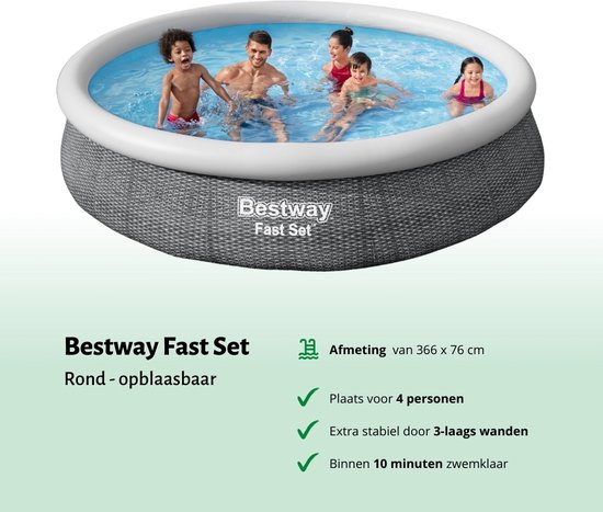 Bestway Fast Set ronde opblaasbare zwembad met 4 personen, afmeting 366x76cm.