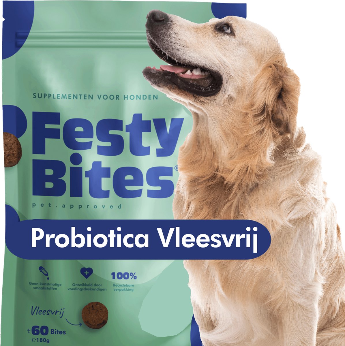 Probiotica Hond - Vleesvrij - Bij Jeuk, Gras eten, Diarree & Constipatie - Ondersteunt Darmflora & Spijsvertering - Hondensnacks - FAVV goedgekeurd - 60 Hondensnoepjes - Brievenbuspakket