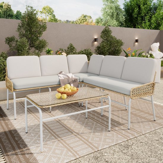 Sweiko Outdoor rotan bank set, tuin bank lounge set, 4-5 persoon tuin lounge, lounge met hoekbank, gehard glas tafel en deksel, abrikoos grijs, natuurlijk