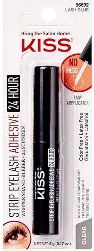 Verpakking van Kiss Strip Eyelash Adhesive 24 Hour met een afbeelding van een oog en de tekst 'No Mess Easy Applicator'.