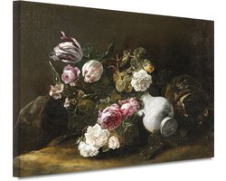 Stilleven met bloemen en een omgevallen kruik - Jan Fyt portret - Bloemen wanddecoratie - Muurdecoratie Natuur - Wanddecoratie klassiek - Canvas schilderijen - Slaapkamer muurdecoratie 100x75 cm
