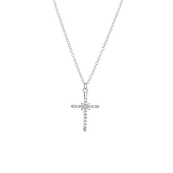 Lucardi Dames Zilveren ketting met hanger kruis zirkonia - Ketting - 925 Zilver - Zilverkleurig - 48 cm