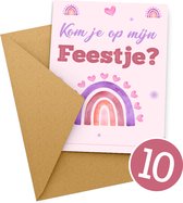 10x Uitnodiging kinderfeestje + Enveloppen | Uitnodiging verjaardag | Jongen of meisje | Uitnodigingskaarten + kraft envelop | Verjaardag Feest | Roze Regenboog