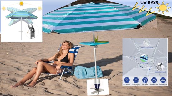 Pincho - LUXE ALUMINIUM STRANDPARASOL - TURQUOISE met ZANDBOOR (Grondboor) - 16 BALEINEN (ipv 8) -UV Bescherming 99% UPF 50+ - 200 cm - Kantelbaar & Verstelbaar - Draagtas - Windvaan - Strandparasol - Tuinparasol - Stokparasol
