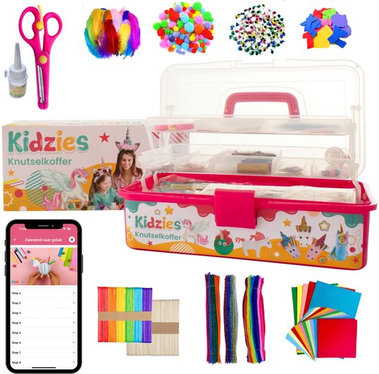 Kidzies XXL Unicorn Knutselkoffer Donkerroze - Met DIY App - Knutseldoos - Knutselen meisjes - Eenhoorn - Knutselpakket - Knutselen voor kinderen - Creatief